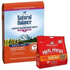 Natural Balance||Stella & Chewy's Natural Balance L.I.D. Limited Ingredient Diets Small Breed Bites Grain-Free Salmon & Sweet Potato Formula Dry Food + Stella & Chewy's Stella's Super Beef Meal Mixers Freeze-Dried Raw Dog Food Topper