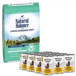 Natural Balance||American Journey Natural Balance L.I.D. Limited Ingredient Diets Grain-Free Chicken & Sweet Potato Formula Dry Dog Food, 24-lb bag + American Journey Limited Ingredient Diet Chicken & Sweet Potato Recipe Grain-Free Canned Dog Food, 12.5-oz, case of 12