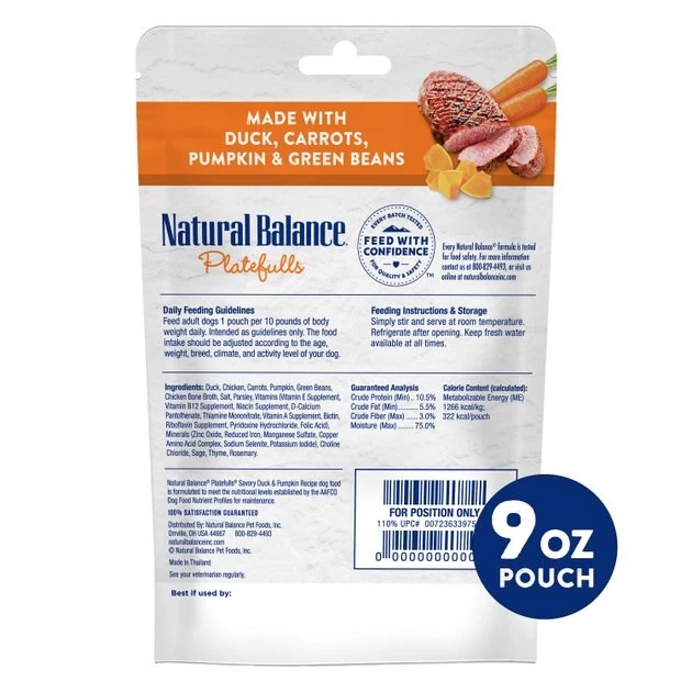 Natural Balance Platefulls Savory Duck & Pumpkin Recipe Wet Dog Food, 9-oz pouch, case of 6 - Image 3