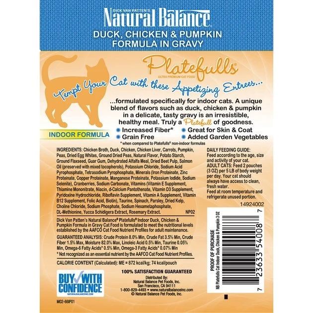 Natural Balance Platefulls Indoor Formula Duck, Chicken & Pumpkin Formula in Gravy Grain-Free Cat Food Pouches - Image 2